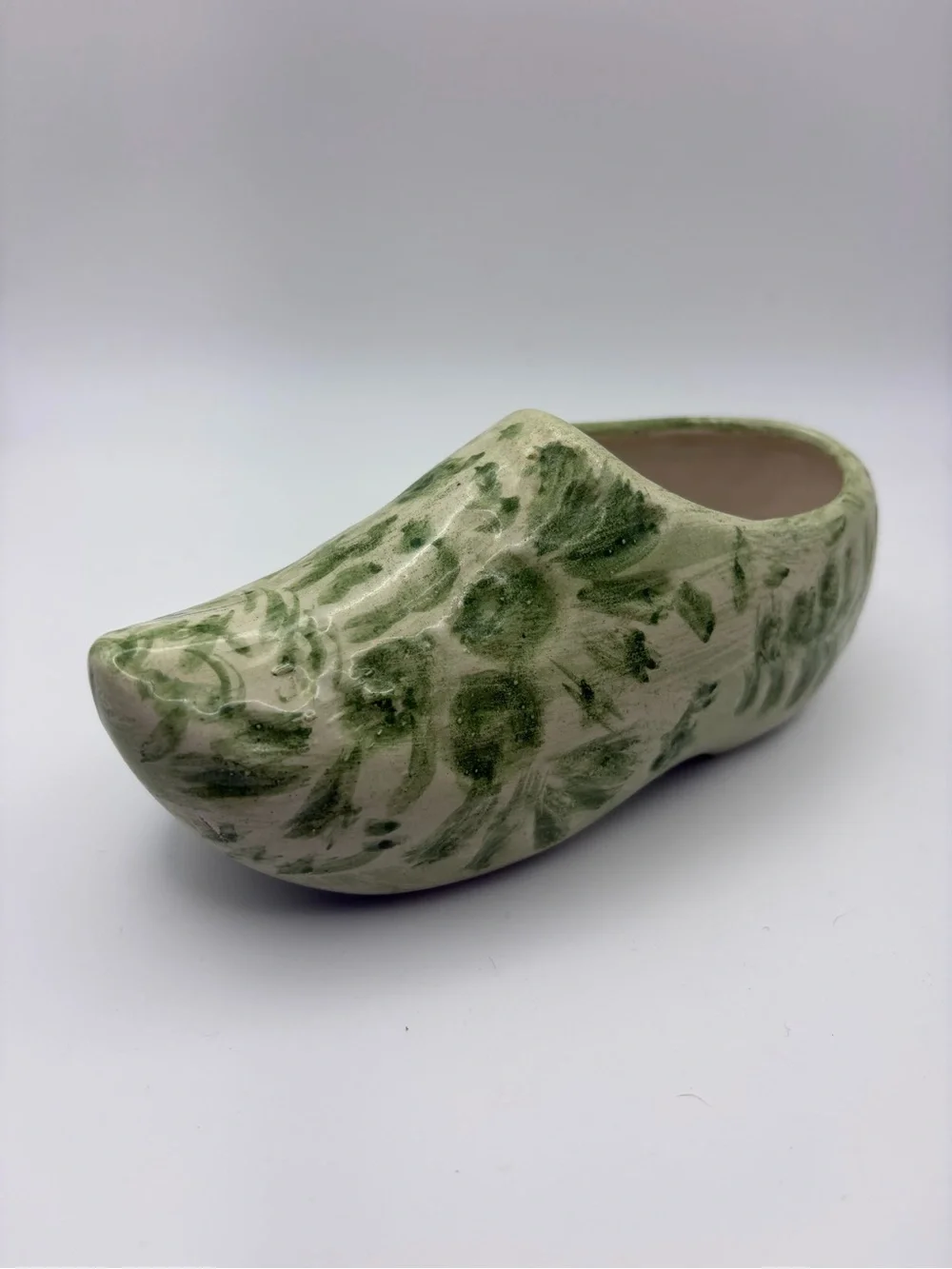 Vintage Ceramic Dutch Clog Shoe Figurine Green Floral Hand Painted 6” Decor